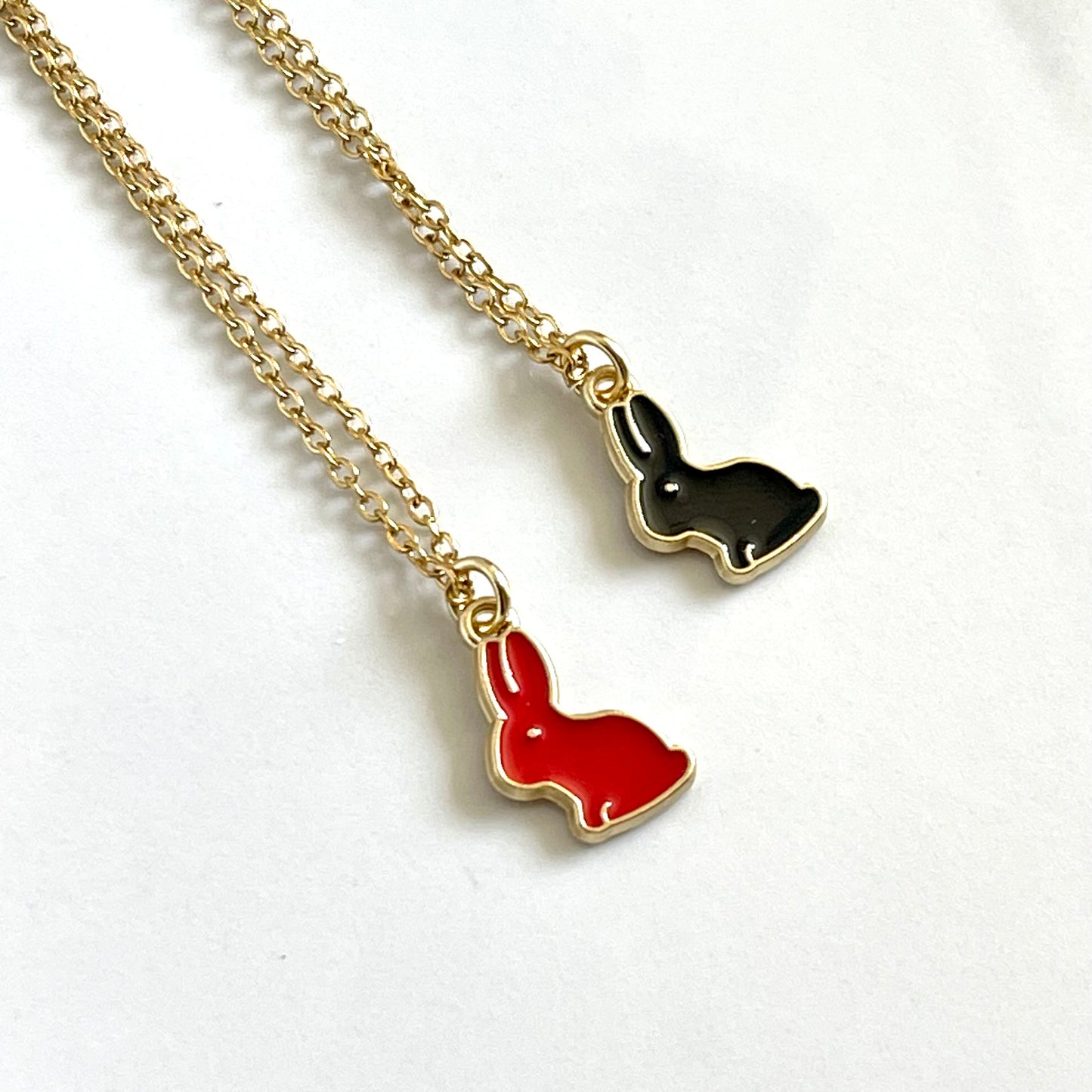 Rabbit Necklace - Red & Black Enamel Gold Necklace