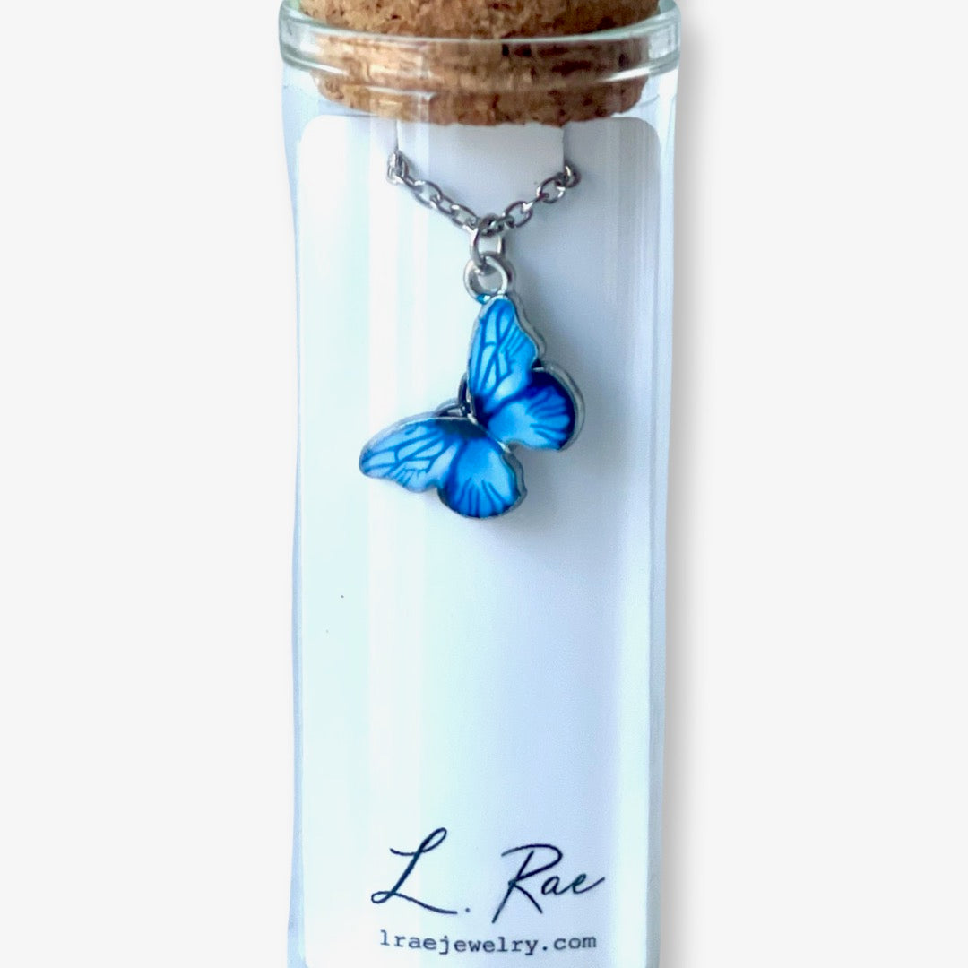 Blue Butterfly Charm Silver Necklace