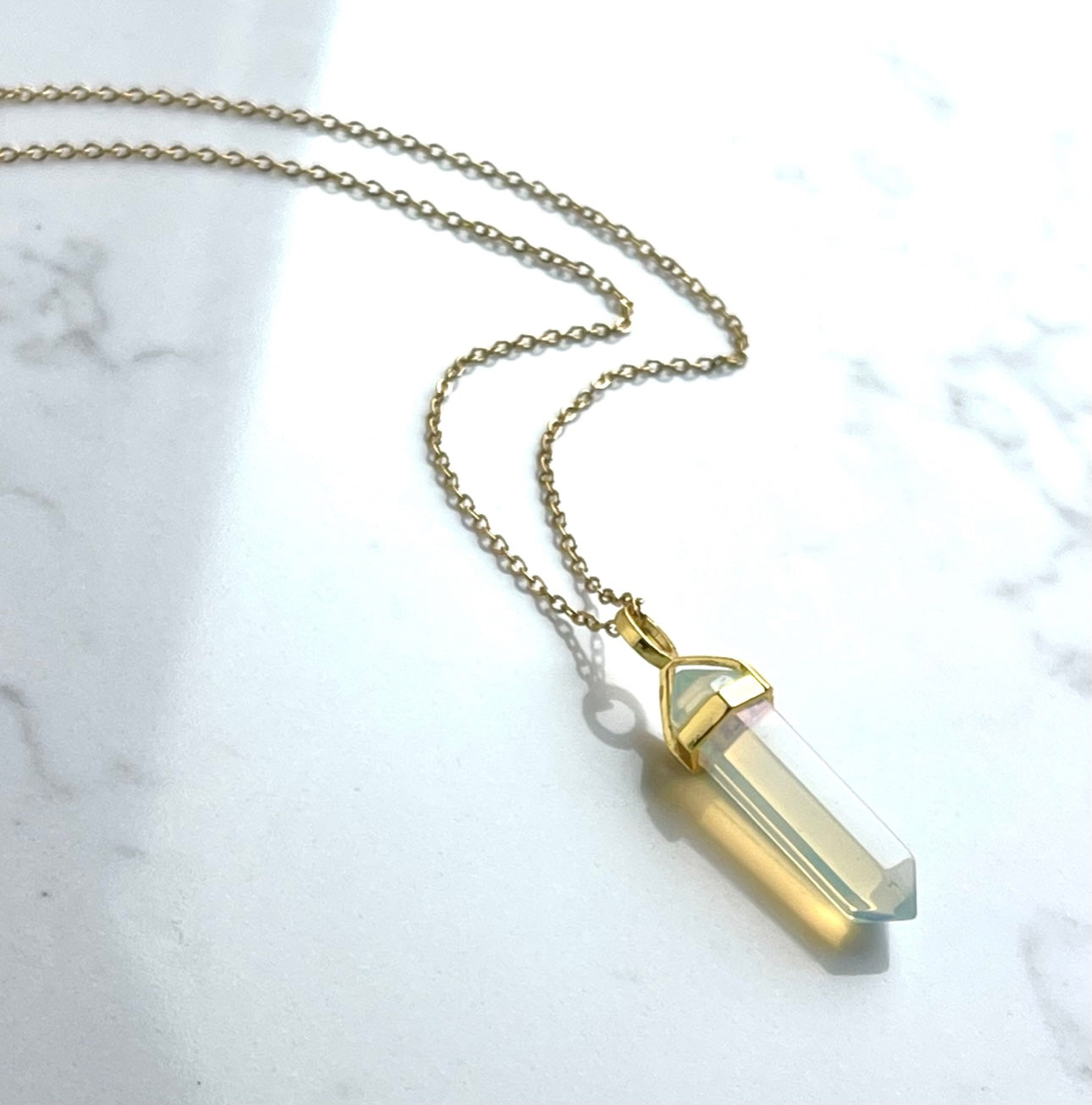 Opalite Pointed Bullet Crystal Gemstone Pendant Charm Gold Necklace