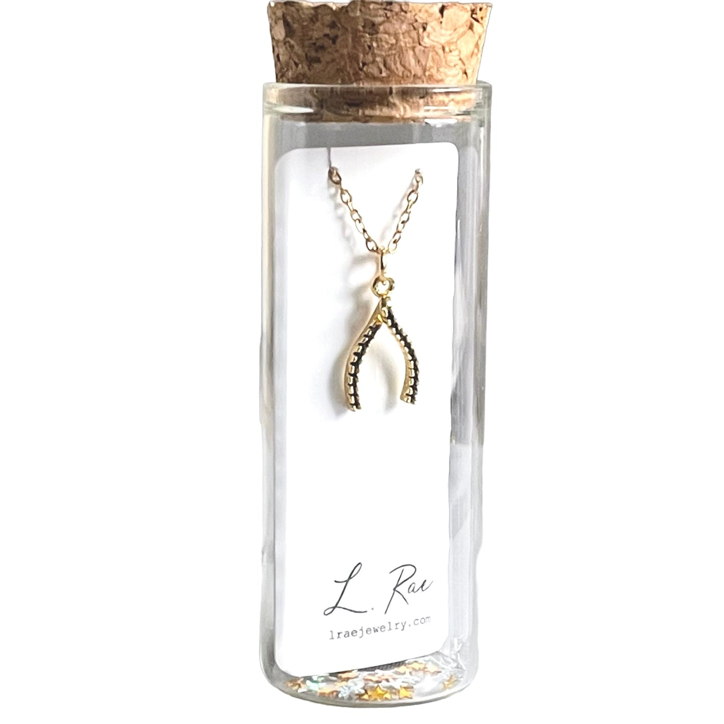 Wishbone Black Pave Charm Necklace. Glass Vial Display