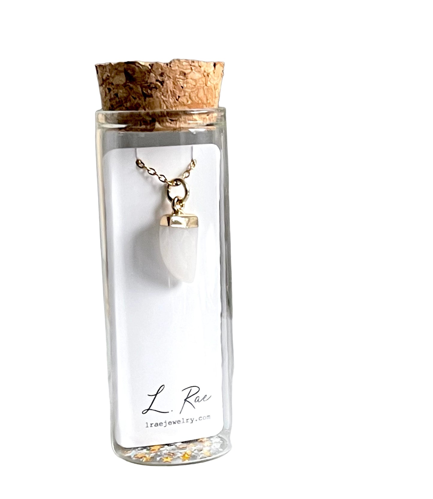 Quartz Horn Charm Necklace. Glass Vial Display