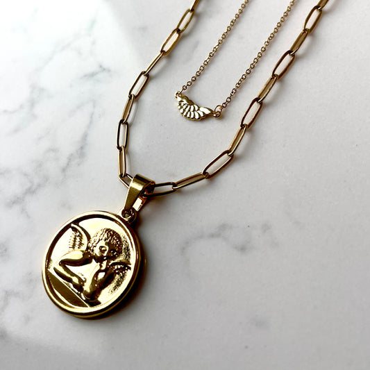 Cupid Cherub Angel Coin Necklace. Valentine