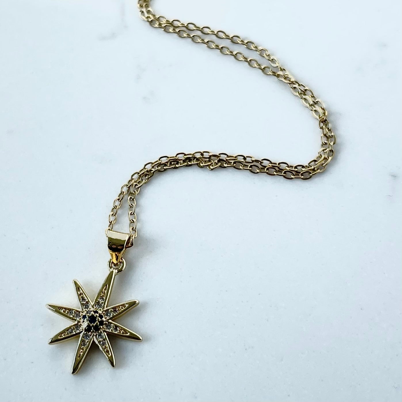 Star Burst Pave Crystal Gold Charm Necklace