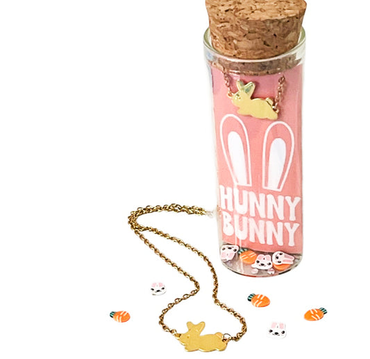 Gold Bunny Rabbit Necklace. Hunny Bunny Easter Glass Vial